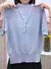Blusa de Tricô Europeia com Renda, Decote em V, Bordada, Manga Curta 2026 Nova Moda Nicho Elegante Emagrecedora