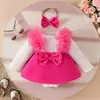 Macacão de Bebê Menina Outono e Inverno Manga Longa Triângulo de Axila Costura Cor Sólida Saia Malha Laço Unha Vestido com Contas