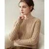 Suéter de punto de ochos redondo de siete agujas 100% cachemira pura para mujer, jersey de color liso, camisa base cálida casual de manga larga