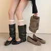Sapatos de balé femininos com aumento de altura interna, removíveis, de duas formas de usar, laço, bico redondo, sapatos únicos, nicho, franzidos, botas da moda