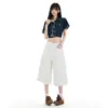 Jeans Laranja Infantil # Bolso com Aba Tendência Lavado Wide Leg para Mulheres, Caimento Solto, Emagrecedor, Fashion, Versátil, Calça Cropped de Barra Reta.