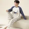 Pijama de Algodão Puro para Casal Primavera e Outono Manga Longa Cachorrinho Cartoon com Bojo Corte Solto Pode Ser Usado Fora Conjunto Homewear