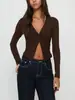 G25T313 Estación Internacional de Comercio Exterior Estilo Más Vendido Camiseta de Manga Larga con Cuello en V Otoño e Invierno Diseño Simple Sentido de la Moda Top Ajustado para Mujer