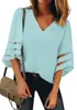 Camisa de Mujer 2021 Cuello en V Color Sólido Top de Gasa Top de Manga Acampanada 3/4 Camisa de Retazos de Malla para Mujer Manga Larga para Mujer
