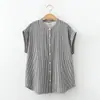 Camisa blanca de gasa de doble capa, fresca y sencilla, estilo japonés, con cuello mao pequeño, manga corta suelta a rayas, de algodón, artística, para mujer