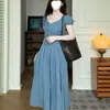 Vestido Retro Azul con Cuello Estilo Francés para Mujer, Mangas Cortas Abullonadas de Verano, Ceñido a la Cintura, Corte Entallado, Elegante Conjunto de Vestido Largo