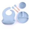 Conjunto de Louça de Silicone para Alimentação Infantil, Tigela para Comida de Bebê, Prato Dividido, Babador, Garfo e Colher, Tipo com Ventosa, Grau Alimentício