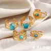 Anéis de Design Nicho Estilo Moda Europeia e Americana Aço Inoxidável Banhado a Ouro 18K Anel Coração Sol Turquesa Azul para Mulheres