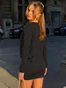 M26D774 Vestido Feminino Novo Outono/Inverno Europeu e Americano Transfronteiriço Gola V Manga Longa Cor Sólida Justo ao Corpo Emagrecedor