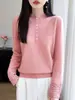 Suéter de Punto de Lana Pura con Cuello Medio y Media Apertura para Mujer, Mangas Largas y Puños de Ganchillo Calados, Nuevo Otoño/Invierno 2026