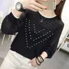 Nova Malha com Manga de Chiffon para Mulheres, Peça Externa para Primavera e Outono, Camisa de Base com Manga Longa de Renda e Pérolas, Gola Redonda para Mulheres, Malharia