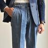 Moda Italiana Nápoles Jeans Rectos para Hombre Retro Británico Cintura Alta Lavados Doble Pliegue Caballero Pantalones de Negocios