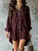 2026 Transfronterizo Amazon Europeo y Americano Algodón Lino Vestido de Manga Larga Camisa de Botones Vestido Delgado Abertura Casual Ajuste Holgado