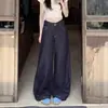 Calças Jeans Azul Escuro Lavado com Calças Largas Retas Fluídas para Mulheres no Outono Cintura Alta Soltas Comprimento Total Calças Longas Versáteis