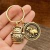 Llavero de Gato de la Suerte de Cobre de Fábrica, Bolsa de Dinero Calabaza, Una Hoja para la Riqueza, Colgante de los Doce Signos del Zodiaco, Venta al por Mayor