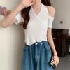 2025 Nuevo Diseño de Verano Halter Hombro Descubierto Tejido Camiseta Base Cuello en V Versátil Ajustado Manga Corta Top para Mujer