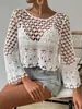 Coleção nova de primavera e outono transfronteiriça: blusa de crochê delicada, estilo fresh, modelagem solta, design vazado, saída de praia fashion estilo coreano