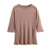 Nova Coleção Primavera e Verão Camiseta Redonda de Seda de Amora com Mangas 3/4, Suéter de Malha Dupla Face, Top Feminino, Camiseta de Base