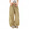 Calça Cargo Plaid Elástica na Cintura com Pregas Estilo Retrô Americano Design Unissex com Efeito Drapeado Perna Larga Calça Casual
