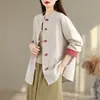 Cardigan tipo bata de té de lino y algodón de talla grande holgado para primavera y otoño, estilo chino, nuevo top de camisa de manga larga con botones, bloqueo de color retro chino