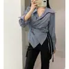 2025 nueva camisa de manga larga con diseño de nicho chic estilo coreano, solapa inclinada, solapa, raya irregular