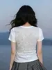 Nova camiseta feminina de moda de verão com painel traseiro de renda, gola redonda, simples, modeladora, estilosa, ombro normal, blusa de manga curta