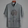 Camisa Masculina de Manga Curta Estilo Tang Verão Gola Fina Seda Gelada Nova Roupa Chinesa para Pai Banquete de Aniversário do Avô