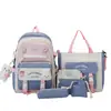Set de mochila de cinco piezas para secundaria, preparatoria, bolsa de doble hombro para estudiante de gran capacidad, mochila casual de estudio de color liso a la moda para mujer