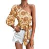 Popular Otoño Invierno 2024 Transfronterizo Estampado Mandala Un Hombro Manga Linterna Dobladillo con Cordón Camisa Top con Tirantes