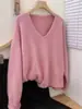 Suéter 100% Lana Pura para Mujer, Suéter de Cuello en V, Estilo Europeo, Corte Holgado, Mangas Caídas, Nueva Capa Base de Punto Suave y Acogedora para Otoño e Invierno