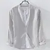Camisa de lino japonesa fina con cuello mao para primavera y verano, camisa de algodón y lino de manga larga transpirable casual holgada para hombre, abrigo de moda