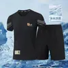 Traje Casual com Toque Gelado Masculino Verão Respirável Secagem Rápida Elástico Manga Curta Shorts Masculino Gola Redonda Roupa Esportiva Traje Masculino Tendência