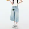 Jeans Azul Claro Americano Lavado Pierna Ancha Mujer Verano Cintura Alta Talla Grande Holgado Gordo mm Recto Shorts Tres Cuartos