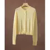 Cardigan Suéter Tricotado em Lã Merino 100% Fio Yangzi para Mulheres Gola Redonda Suéter Fino de Lã Manga Longa Top Casual