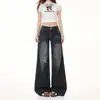 Jeans Reta de Lavagem Preto-Cinza Resistente Estilo Americano Cintura Baixa para Mulheres, Calça Longa Preto-Cinza, Comprimento Estendido Preto-Cinza