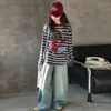 Roupas Infantis Estilo Coreano Coleção Primavera 2026: Conjunto de Camiseta Listrada Estampada de Manga Longa Infantil, Blusa Cartoon para Meninas e Jeans