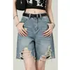 Shorts de Mezclilla Azules Vintage Rasgados para Mujer, Talla Petite, Nuevo Estilo de Verano, Cintura Alta, Corte Recto Suelto, Shorts de Pierna Ancha de Longitud Media