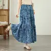 Falda Midi Patchwork de Algodón y Lino Artístico Retro Primavera Verano Teñido Estampado de Alta Personalización Estilo Pastoral Falda de Cintura Elástica Holgada para Mujer de Longitud Media
