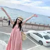 Vestido Largo Rosa de Tirantes Finos para Mujer, Nuevo Estilo de Verano, Vestido para Vacaciones en la Playa con Diseño de Cuello Halter, Vestido Único