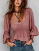 Roupas femininas Amazon europeias e americanas transfronteiriças: top/camiseta casual de gola quadrada, cor sólida, manga flare, cintura elástica, estilo boho