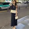 Conjunto de Saia Shanlida Didi Fashion Feminino 2026 Verão Novo Elegante Emagrecedor Sem Mangas Patchwork Top e Saia Duas Peças