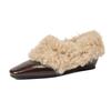 Zapatos de cuero pequeños de pedal con cuello de pelo cálido para otoño e invierno 2024, aumento de 2 cm, estilo perezoso, zapatos planos forrados de felpa