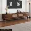 Juego de Mueble de TV y Mesa de Café, Tejido de Ratán Vintage con Marco de Madera Maciza, Mueble de Almacenamiento Estilo Francés para Sala de Estar, Cómoda Doméstica para Apartamento Pequeño