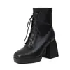 40 Europeo y Americano comercio exterior cabeza cuadrada de caballero tamaño grande botas botines tacón alto zapatos de mujer botas con cordones al frente botas de cuero nuevas 47 gruesas negras