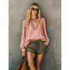 Enviado: Nova Moda Europeia e Americana Feminina Camisa Versátil de Manga Longa Cor Sólida com Babados Decote V