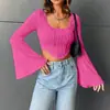 Amazon 2026 estilo europeu e americano transfronteiriço, top fino com decote U e padrão de ondulação d'água, corte justo, cropped, camiseta com manga sino para mulheres