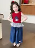 Roupa Infantil Menina Verão 2026 Estilo Coreano Desenho Animado Patchwork Renda Colete Jeans Fino Calça Wide Leg