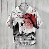Nueva Camisa Hawaiana para Hombre Paisaje con Tinta Estampado de Sol Transfronteriza Europea y Americana Camisa de Lino de Bambú de Manga Corta con Cuello en V