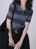 Suéter de malha vintage com listras de cor contrastante e gola POLO, manga curta, feminino, primavera e verão, nova moda, slim fit, top de malha emagrecedor