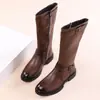 Botas de cuero exclusivas transfronterizas 2025 primavera y otoño nuevas cremallera tacón bajo botas altas estilo europeo y americano botas de jinete botas altas
